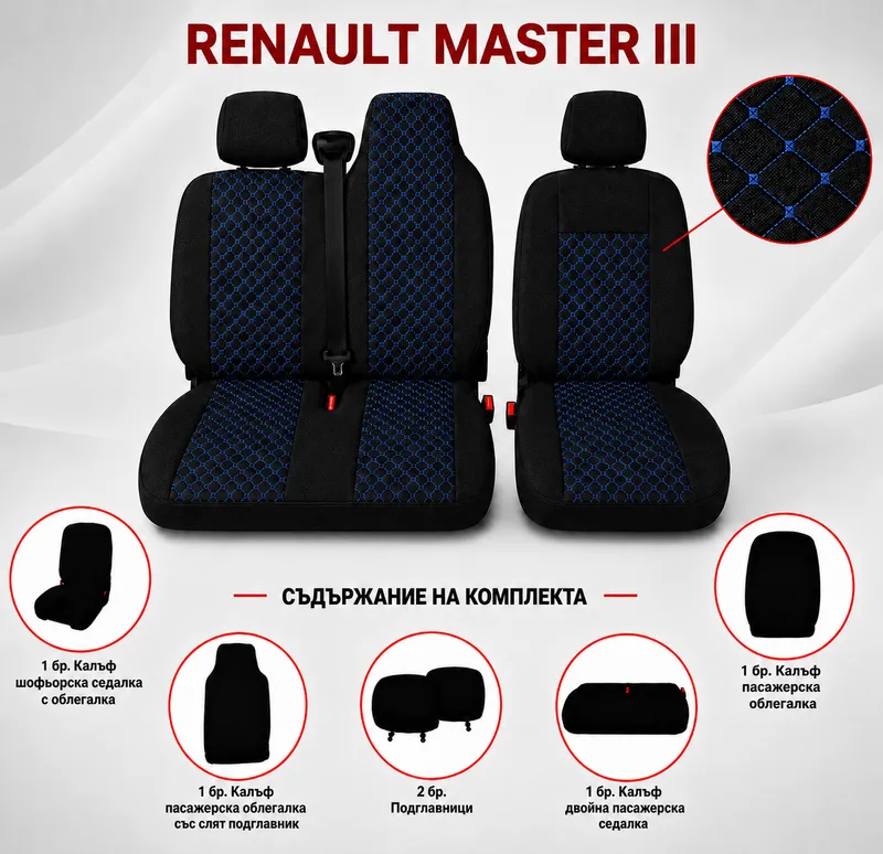 Комплект 2+1 Тапицерия за RENAULT MASTER III 2010-2019 – Текстил, Черна със син шев, 6 части - 1