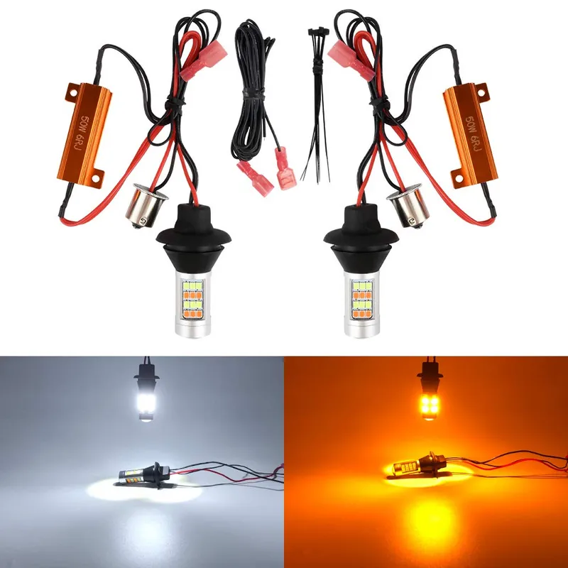 Комплект от 2броя LED диодни DRL дневни светлини с вграден мигач 12V 8W S25/1156/BA15S/P21W Can Bus без Грешки - 1