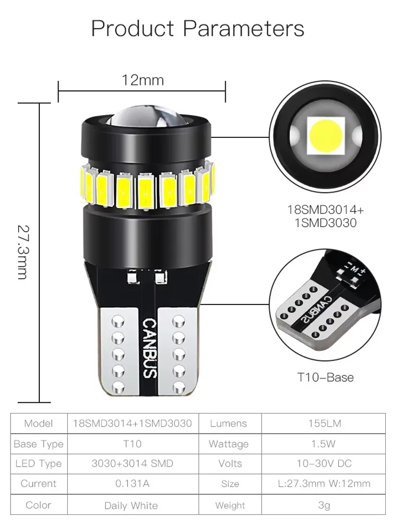 Комплект от 2 броя LED Лед Диодни Крушки За Габарит T10 W5W – 3030 + 3014 SMD, студено бяла светлина 6000K, 12–24V, CANBUS без грешки - 1