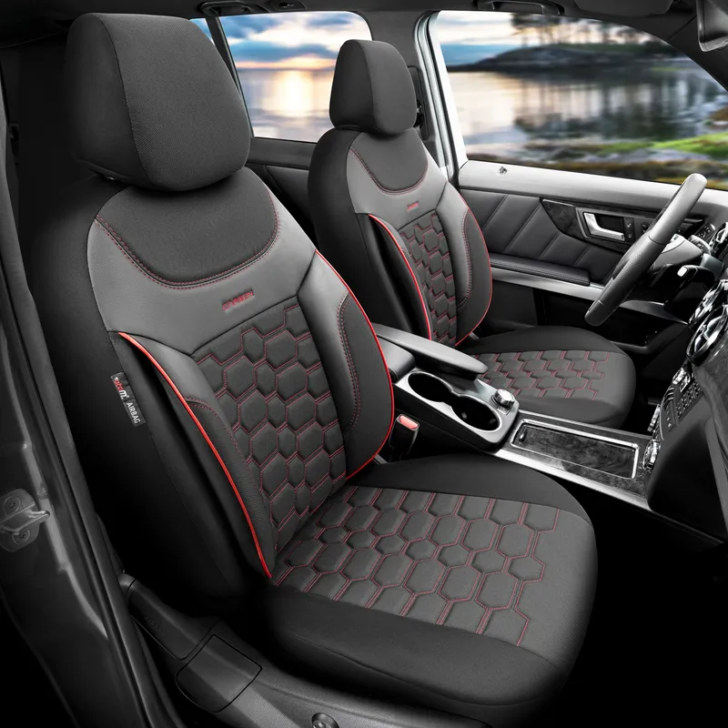 Комплект Луксозна Тапицерия OTOM текстил с еко кожа CARBON Design – Черна с червен шев, за Предни и Задни Седалки - 1
