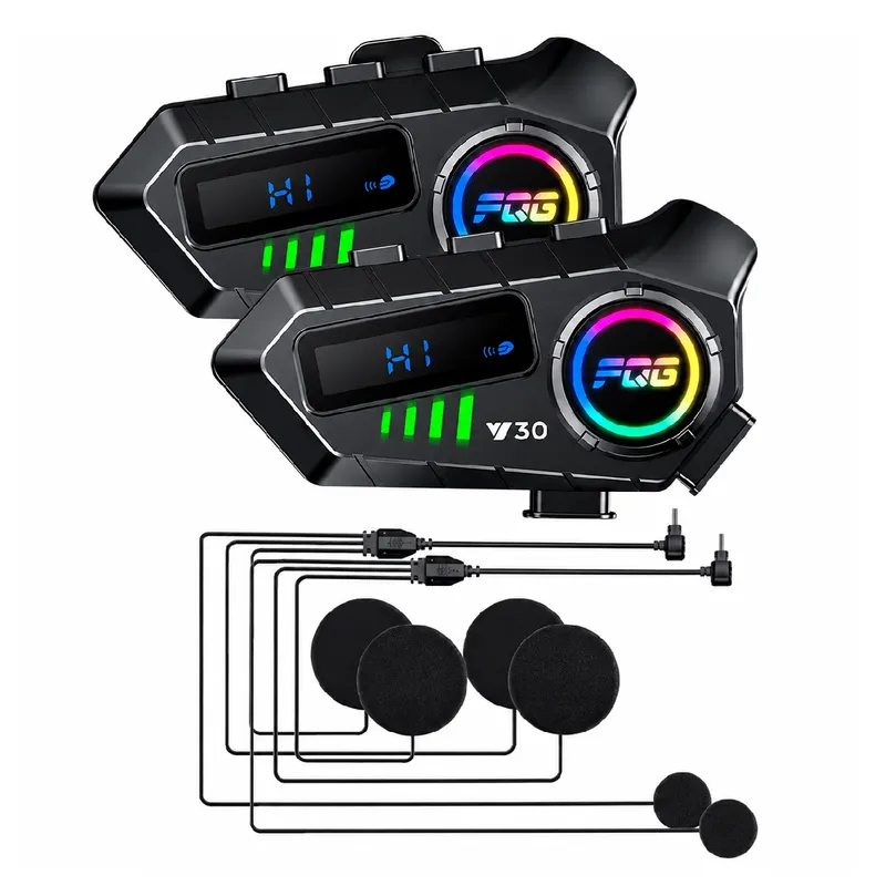 Комплект 2 бр. Интеркоми за каска Bluetooth 6.0, сдвояване помежду им, CVC + DSP шумопотискане, LED дисплей, IPX6, батерия 1000 mAh - 1