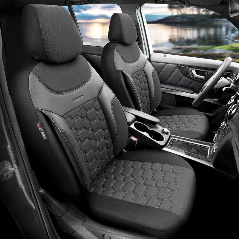Комплект Луксозна Тапицерия OTOM текстил с еко кожа CARBON Design – Черна със сив шев, за Предни и Задни Седалки - 1