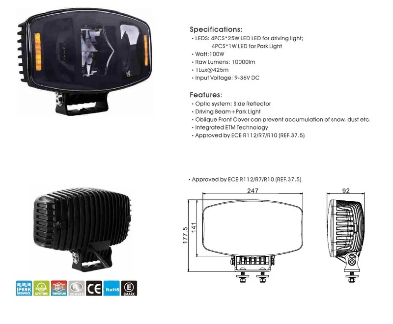 Универсален мощен LED ЛЕД 100W фар халоген лампа 12V - 24V с DRL/parking светлина бяло-жълто за АТВ джип камион трактор - 1