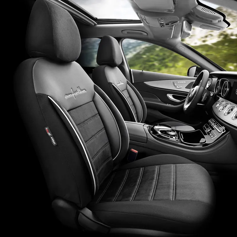 Комплект Луксозна Тапицерия OTOM текстил с еко кожа COMFORT LINE Design – Черна с бял шев, за Предни и Задни Седалки - 1