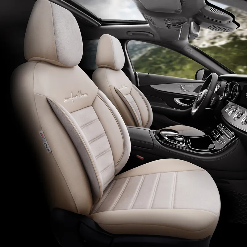 Комплект Луксозна Тапицерия OTOM текстил с еко кожа COMFORT LINE Design – Бежова с бежов шев, за Предни и Задни Седалки - 1