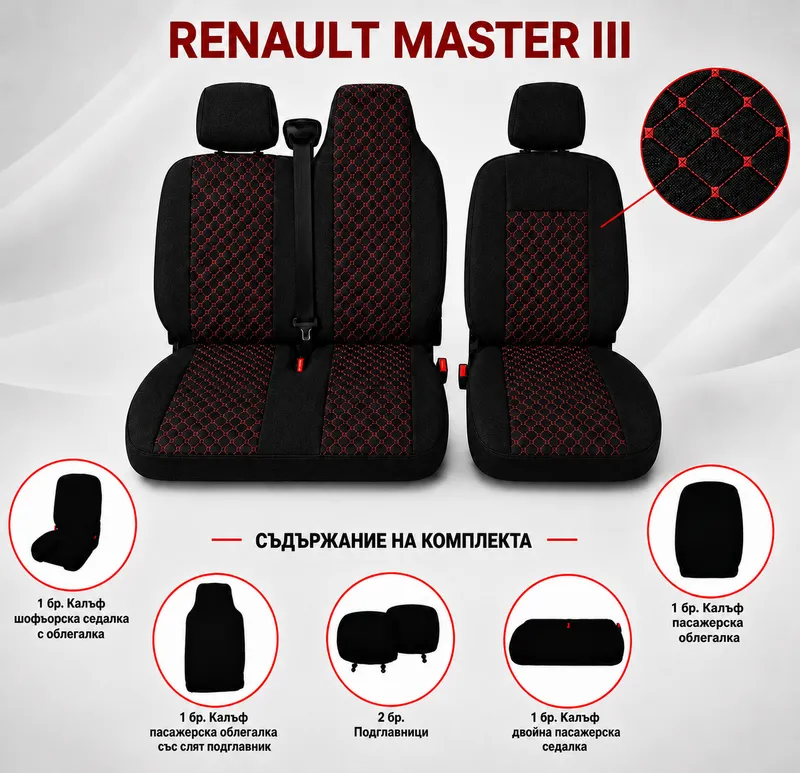 Комплект 2+1 Тапицерия за RENAULT MASTER III 2010-2019 – Текстил, Черна с червен шев, 6 части - 1