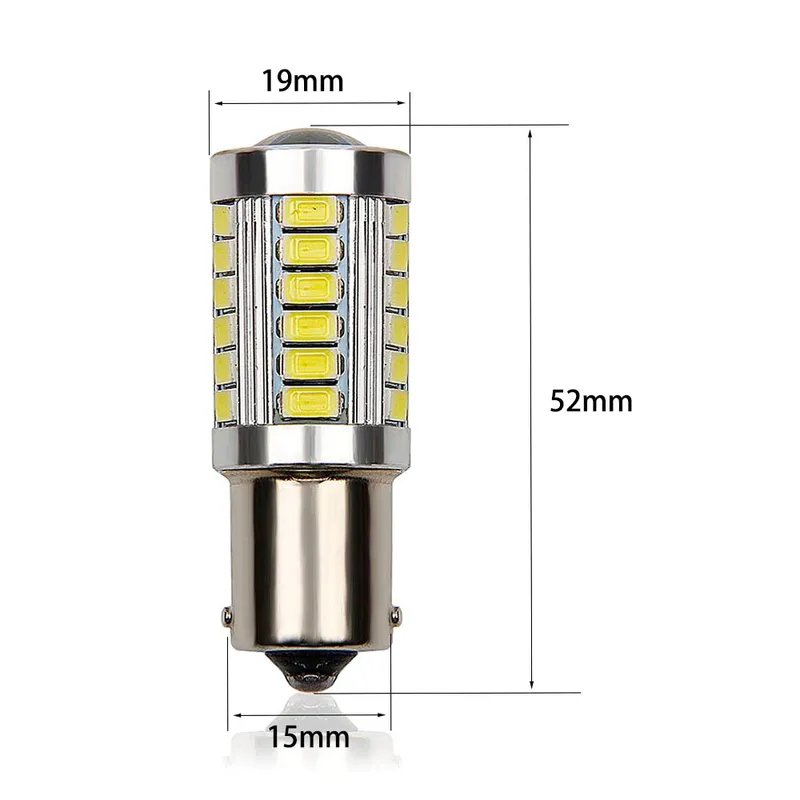LED Лед Крушки, 33 SMD, С Лупа, BA15S 1156 (P21W), BAU15S 1156 (PY21W), 12V, Бяла, Оранжева, Червена Светлина - 1