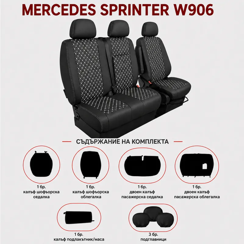 Комплект 2+1 Тапицерия за MERCEDES SPRINTER W906 2006-2018 – Еко кожа, Черна с бял шев, 8 части - 1