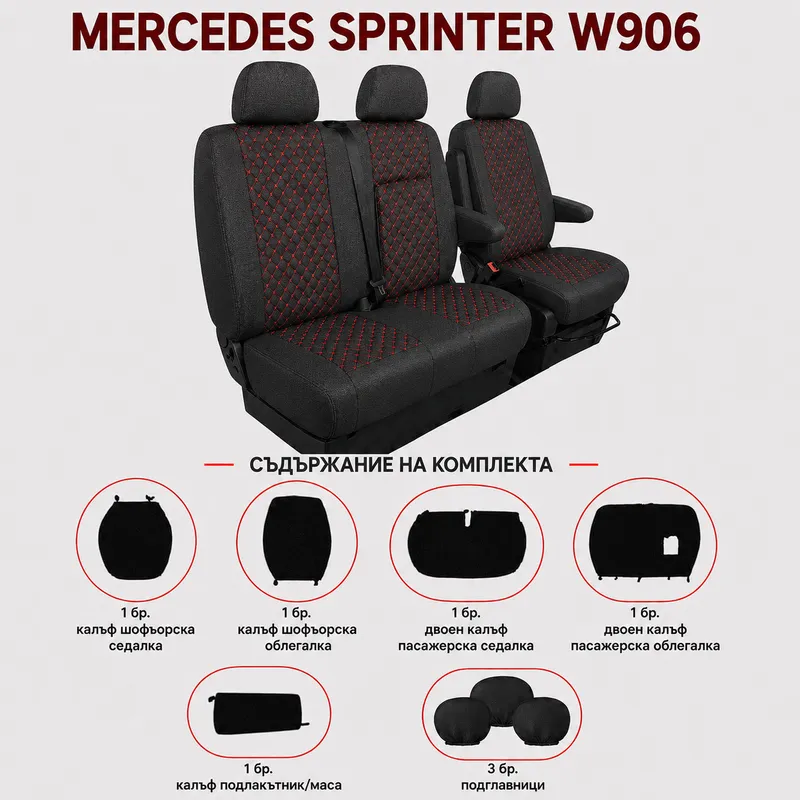 Комплект 2+1 Тапицерия за MERCEDES SPRINTER W906 2006-2018 – Текстил, Черна с червен шев, 8 части - 1
