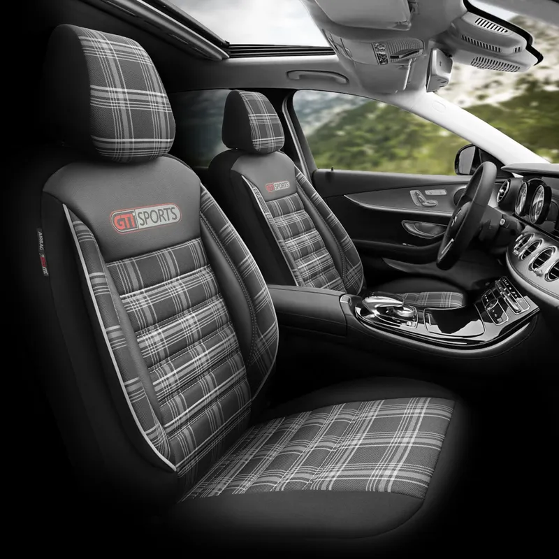 Комплект Луксозна Тапицерия OTOM текстил с еко кожа GTI SPORTS Design – Черна с бял шев, за Предни и Задни Седалки - 1