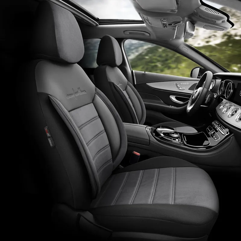 Комплект Луксозна Тапицерия OTOM текстил с еко кожа COMFORT LINE Design – Сиво-Черна със сив шев, за Предни и Задни Седалки - 1