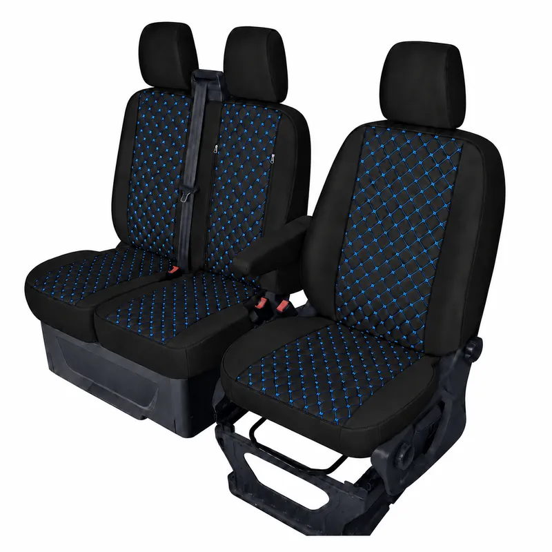 Комплект 2+1 Тапицерия за FORD TRANSIT CUSTOM 2009+ – Еко кожа, Черна със син шев, 8 части - 1