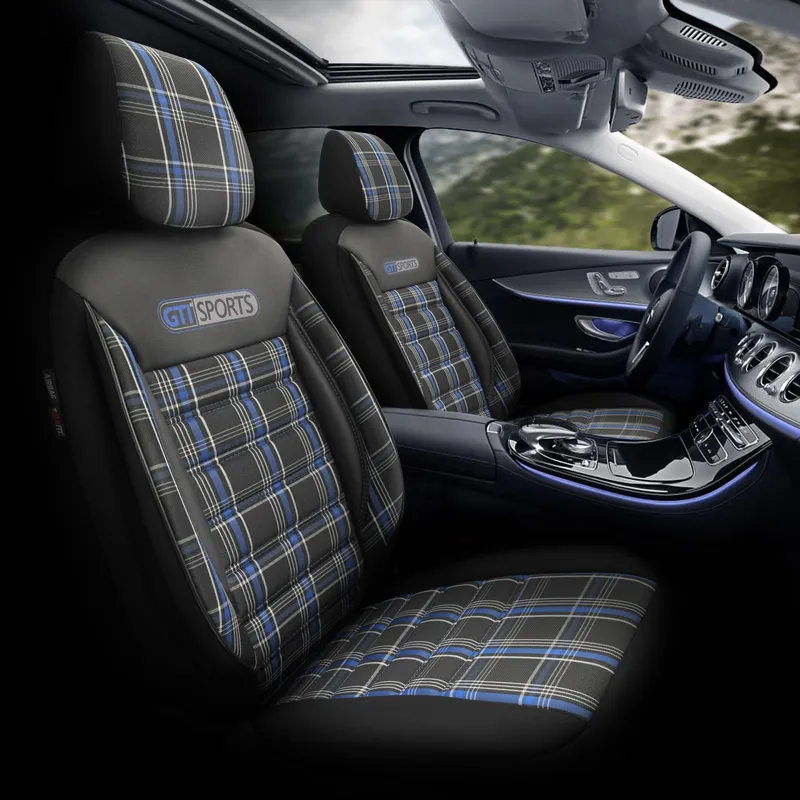 Комплект Луксозна Тапицерия OTOM текстил с еко кожа GTI SPORTS Design – Черна със син шев, за Предни и Задни Седалки - 1