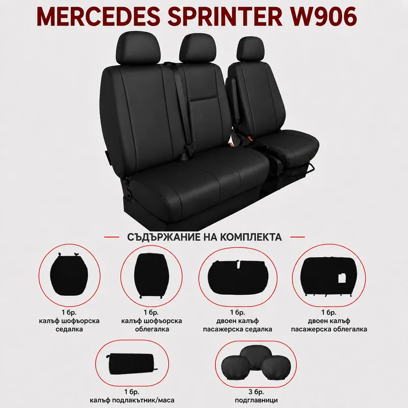 Комплект 2+1 Тапицерия за MERCEDES SPRINTER W906 2006-2018 – Еко кожа, Черна, 8 части - 1