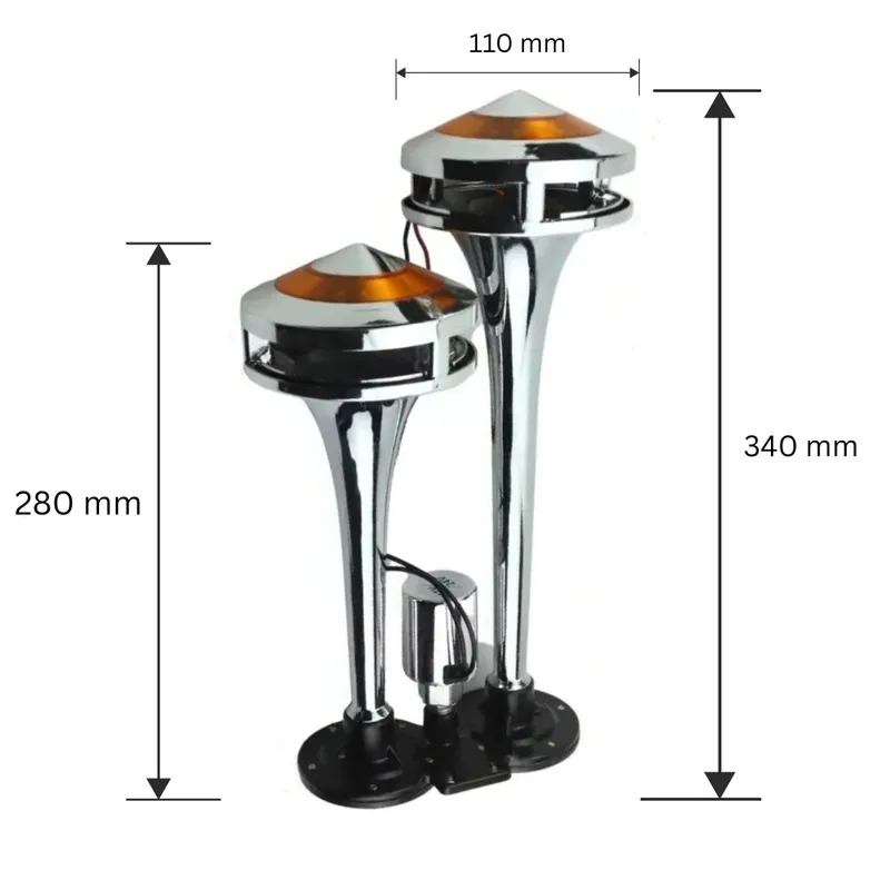 Двойна Тромба клаксон с жълта LED светлина, 300 dB – 12V / 24V - 1