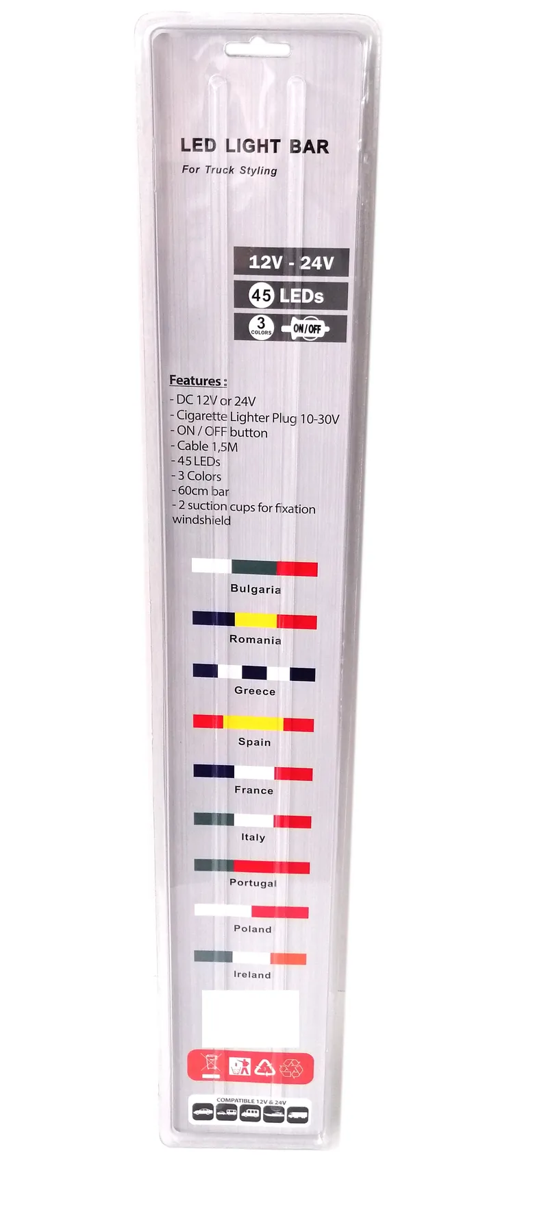 Светещ лед бар 60 cm 45 LED 12V - 24V бяло-зелено-червено BG Bulgaria флаг знаме България - 1