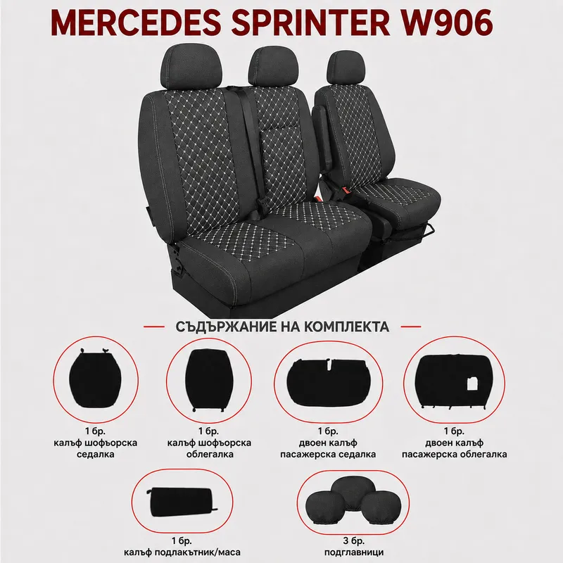 Комплект 2+1 Тапицерия за MERCEDES SPRINTER W906 2006-2018 – Текстил, Черна с бял шев, 8 части - 1
