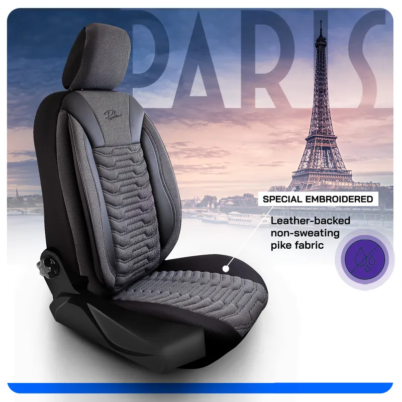 Комплект луксозна универсална тапицерия PANDA PARIS – Еко кожа и текстил, Черно, За предни и задни седалки - 1