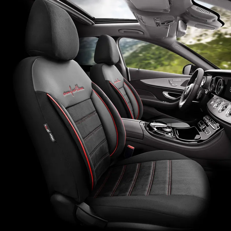 Комплект Луксозна Тапицерия OTOM текстил с еко кожа COMFORT LINE Design – Черна с червен шев, за Предни и Задни Седалки - 1