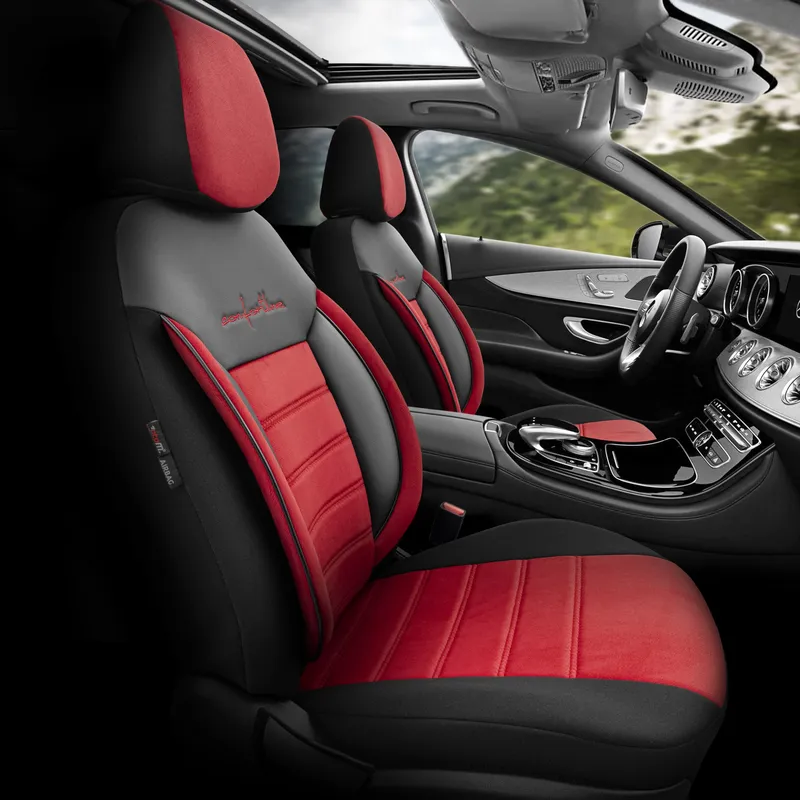 Комплект Луксозна Тапицерия OTOM текстил с еко кожа COMFORT LINE Design – Червено-Черна с червен шев, за Предни и Задни Седалки - 1
