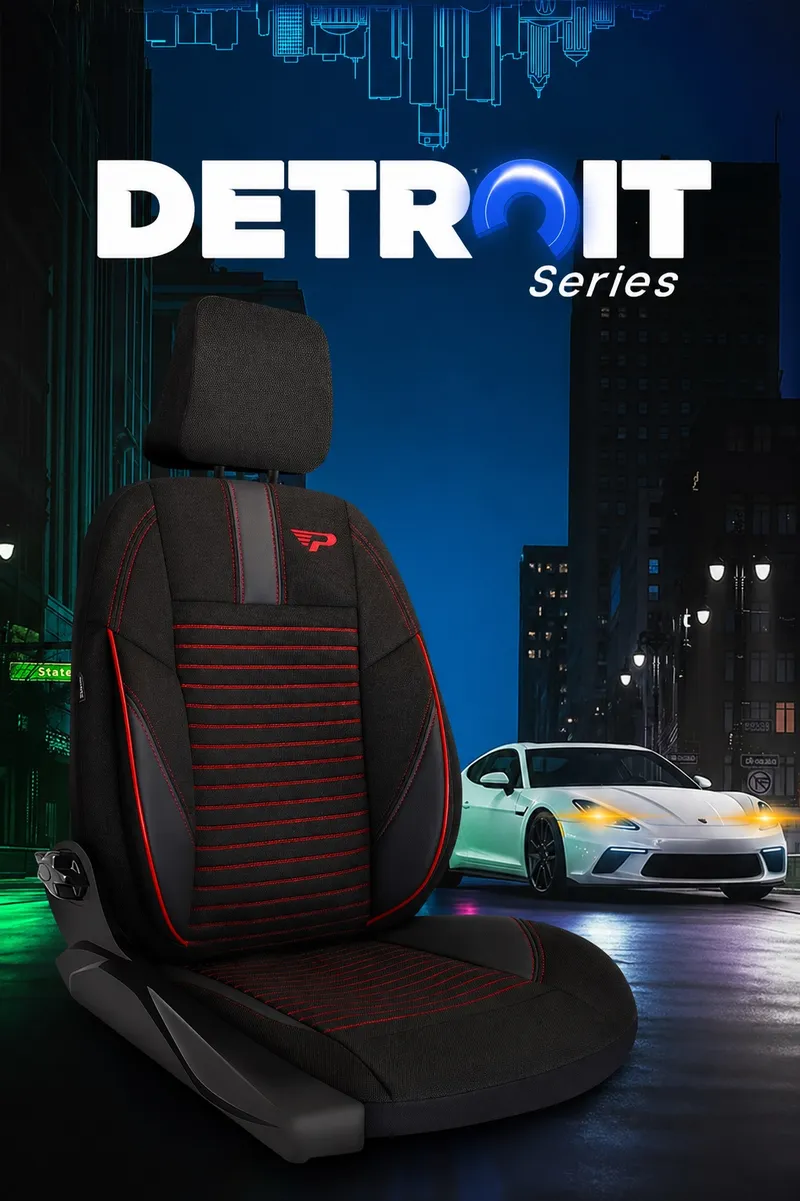 Комплект луксозна универсална тапицерия PANDA DETROIT – Еко кожа и текстил, Черно/Червено, За предни и задни седалки - 1