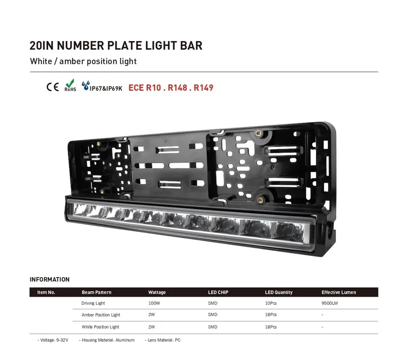 Рамка за Номер с Вграден LED Бар 20 51cm 12v 24v Бяла и Оранжева Дневна DRL Габаритна Светлина - 1