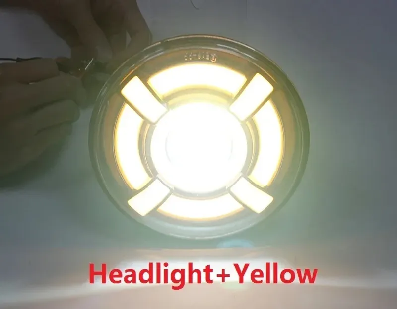 Комплект от 2бр. универсален 7 инча 18см ЛЕД LED фар лампа халоген 12V-24V къси/дълги с DRL дневни светлини мигач бяло-жълто 4800lm за АТВ джип мотоциклет камион трактор и др. - 5