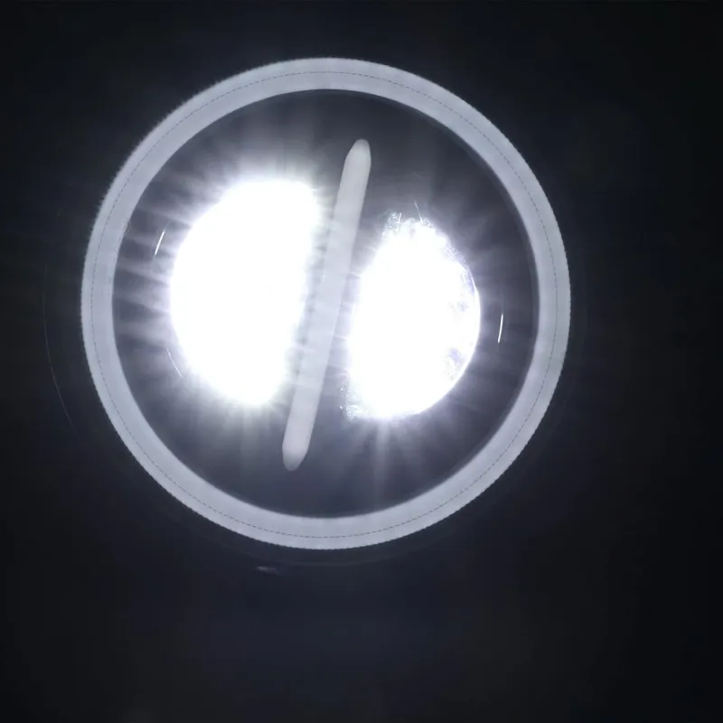 Комплект от 2бр. универсален 7 инча 18см ЛЕД LED фар лампа халоген 12V-24V къси/дълги с DRL дневни светлини мигач бяло-жълто 7500lm за АТВ джип мотоциклет камион трактор и др. - 11