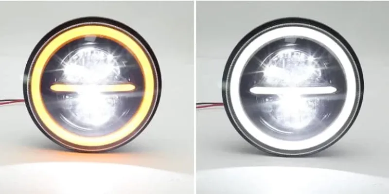 Комплект от 2бр. универсален 7 инча 18см ЛЕД LED фар лампа халоген 12V-24V къси/дълги с DRL дневни светлини мигач бяло-жълто 7500lm за АТВ джип мотоциклет камион трактор и др. - 10