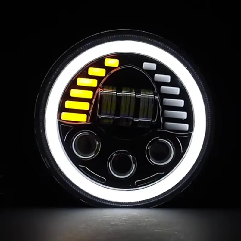 Комплект от 2бр. универсален 7 инча 18см ЛЕД LED фар лампа халоген 12V-24V къси/дълги с DRL дневни светлини мигач бяло-жълто 7000lm за АТВ джип мотоциклет камион трактор и др. - 3