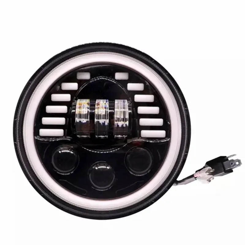 Комплект от 2бр. универсален 7 инча 18см ЛЕД LED фар лампа халоген 12V-24V къси/дълги с DRL дневни светлини мигач бяло-жълто 7000lm за АТВ джип мотоциклет камион трактор и др. - 7