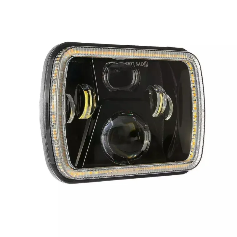 Комплект от 2бр. универсален 60W ЛЕД LED фар лампа халоген 12V-24V къси/дълги с DRL дневни светлини мигач бяло-жълто 20 x 14cm за АТВ джип мотоциклет камион трактор и др - 2