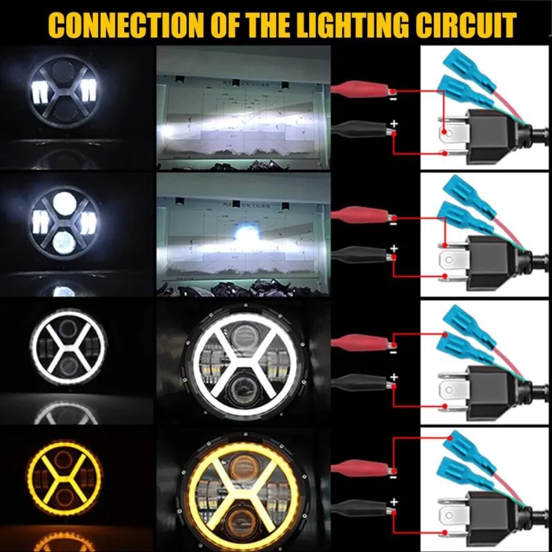 Комплект от 2бр. универсален 7 инча 18см ЛЕД LED фар лампа халоген 12V-24V къси/дълги с DRL дневни светлини мигач бяло-жълто 8000lm за АТВ джип мотоциклет камион трактор и др. - 5
