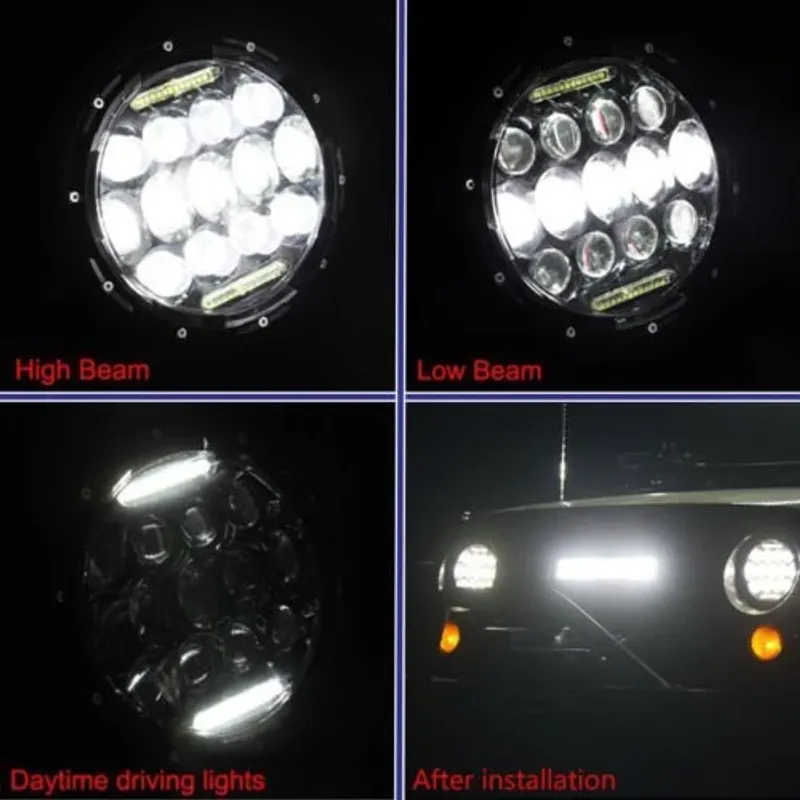 Комплект от 2бр. универсален 7 инча 18см ЛЕД LED фар лампа халоген 12V-24V къси/дълги с DRL дневни светлини бяло 8000lm за АТВ джип мотоциклет камион трактор и др. - 11