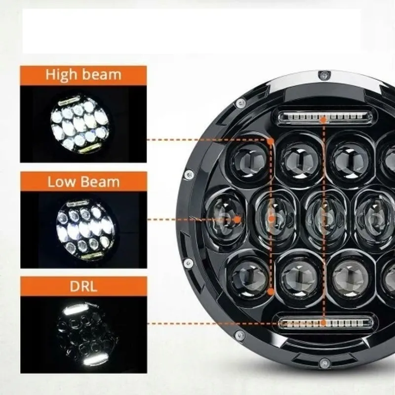 Комплект от 2бр. универсален 7 инча 18см ЛЕД LED фар лампа халоген 12V-24V къси/дълги с DRL дневни светлини бяло 8000lm за АТВ джип мотоциклет камион трактор и др. - 9