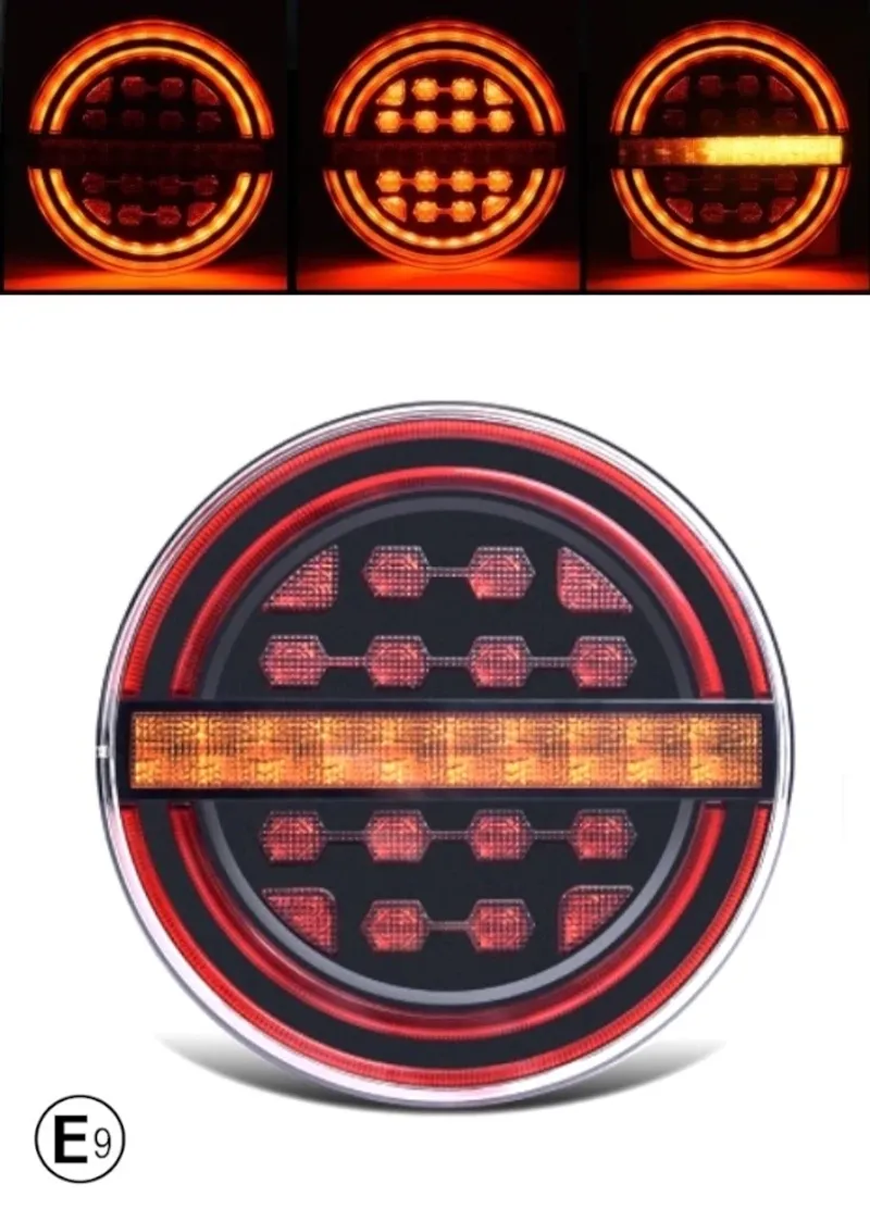 Комплект LED Светодиодни Стопове с Динамичен Бягащ Мигач, Неон Ефект, Кръгли, Тип Хамбургер , Ø13.9см , 3 Функции, Е-Мark, Е9, 12V-24V - 7
