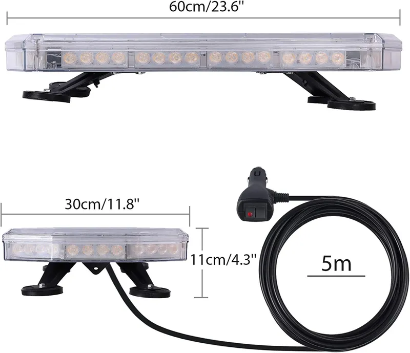 Аварийна Сигнална Лампа 60см Бар LED Блиц Маяк с Магнити 12-24V 16 режима на работа Жълта За Пътна Помощ Платформа Снегорин Багер Бус Ван и др. - 2