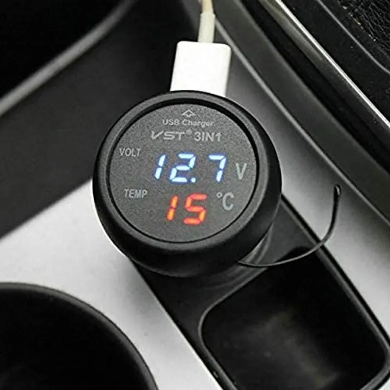 Мултифункционален дигитален уред 3 в 1 Волтметър Термометър и USB зарядно за автомобил - 2