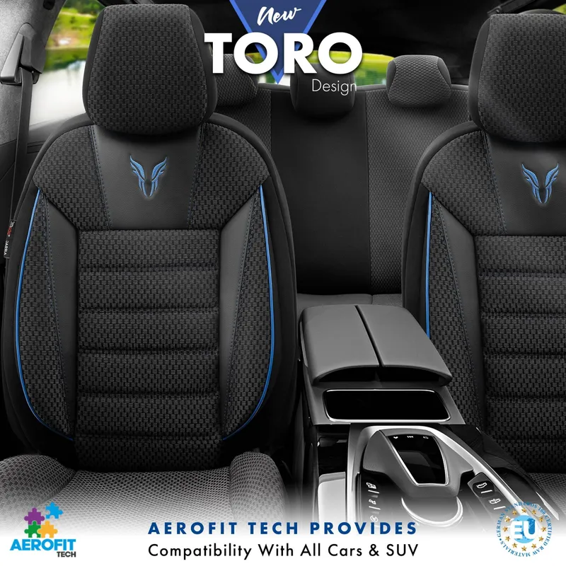 Комплект Луксозна Тапицерия OTOM текстил с еко кожа TORO Design – Черна със син шев, за Предни и Задни Седалки - 2