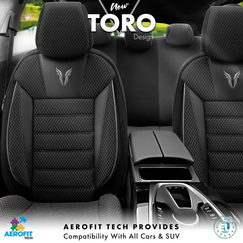Комплект Луксозна Тапицерия OTOM текстил с еко кожа TORO Design – Черна със сив шев, за Предни и Задни Седалки - 2