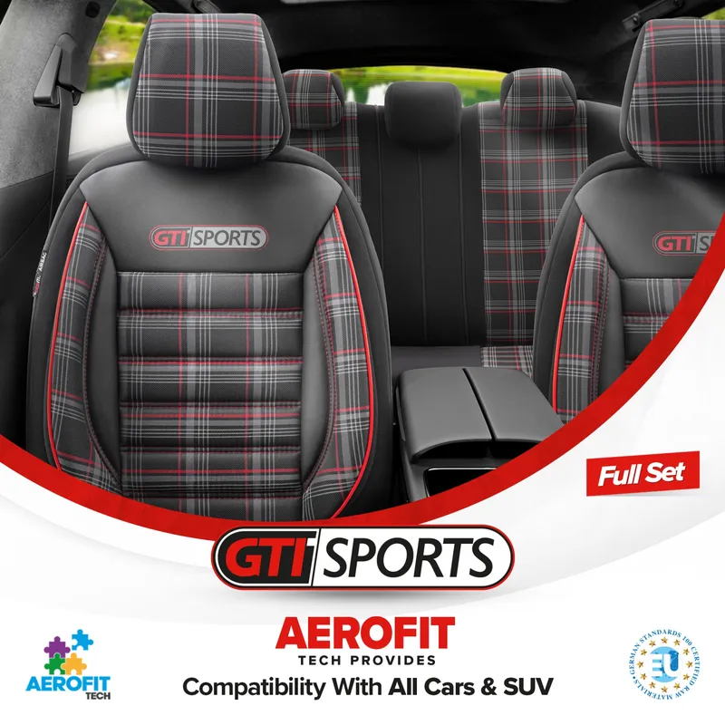 Комплект Луксозна Тапицерия OTOM текстил с еко кожа GTI SPORTS Design – Черна с червен шев, за Предни и Задни Седалки - 2
