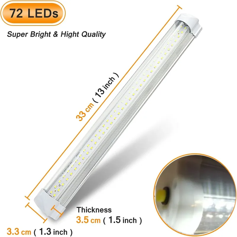 LED Лампа бяла светлина 72 LED, 12V, 6500K, 33 см – Алуминиев корпус, с кабел и букса за свързване - 2