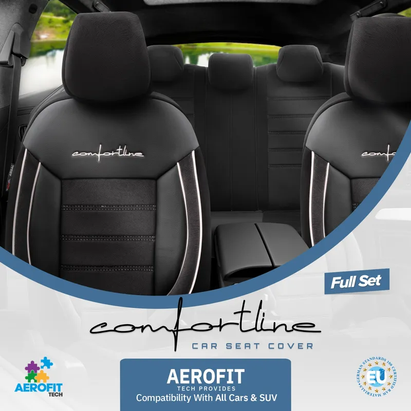 Комплект Луксозна Тапицерия OTOM текстил с еко кожа COMFORT LINE Design – Черна с бял шев, за Предни и Задни Седалки - 2