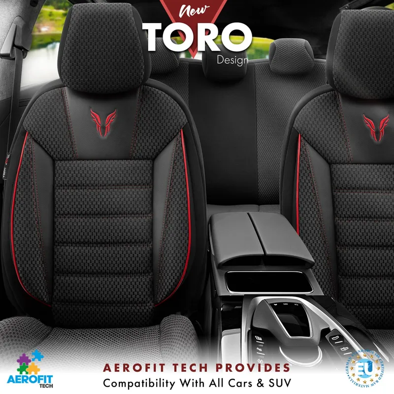 Комплект Луксозна Тапицерия OTOM текстил с еко кожа TORO Design – Черна с червен шев, за Предни и Задни Седалки - 2