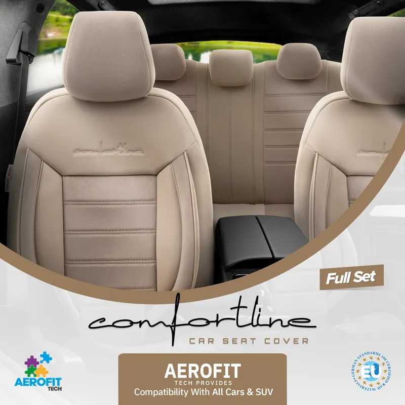 Комплект Луксозна Тапицерия OTOM текстил с еко кожа COMFORT LINE Design – Бежова с бежов шев, за Предни и Задни Седалки - 2