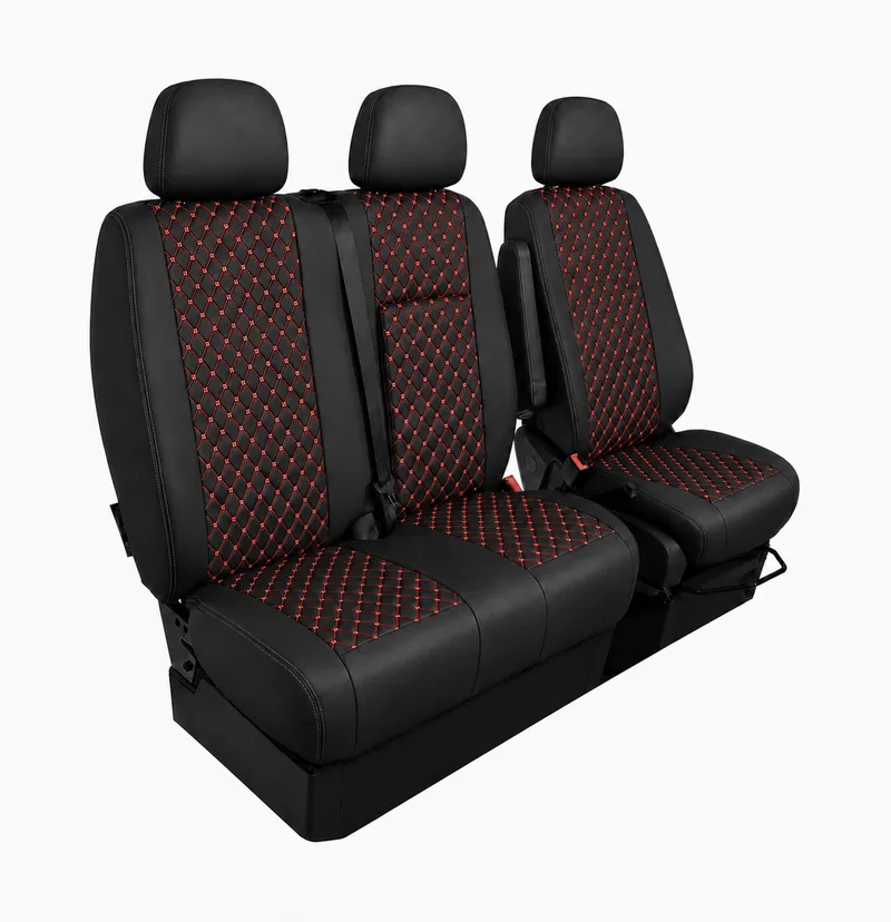 Комплект 2+1 Тапицерия за MERCEDES SPRINTER W906 2006-2018 – Еко кожа, Черна с червен шев, 8 части - 2
