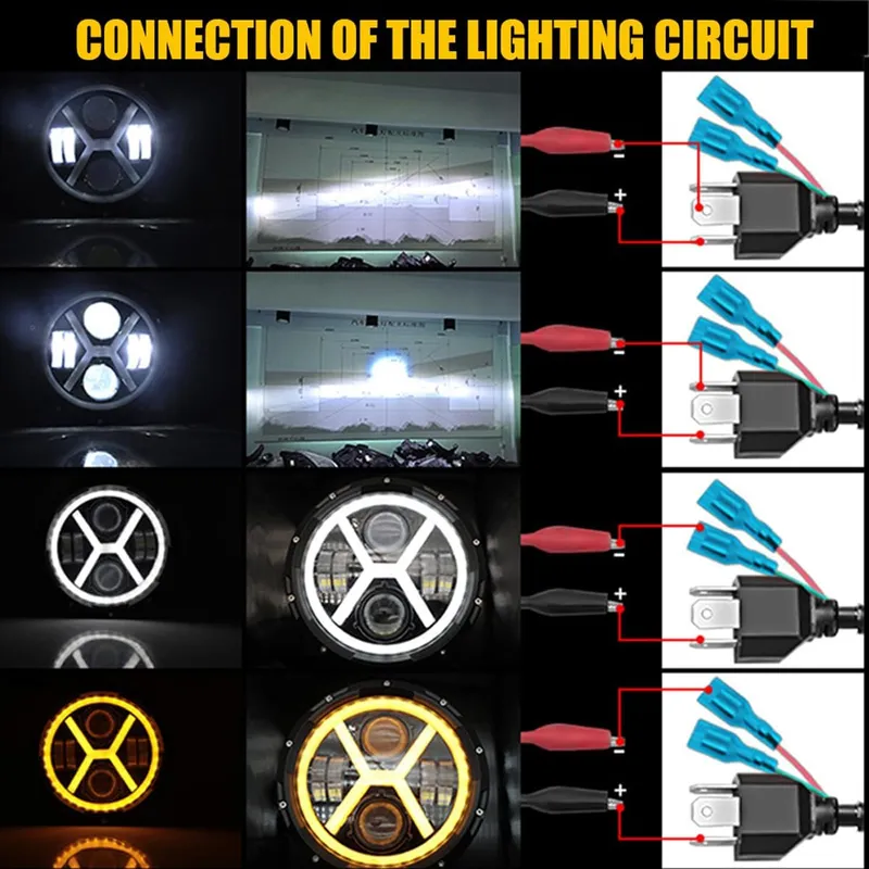 Комплект от 2бр. универсален 7 инча 18см ЛЕД LED фар лампа халоген 12V-24V къси/дълги с DRL дневни светлини мигач бяло-жълто 8000lm за АТВ джип мотоциклет камион трактор и др. - 2