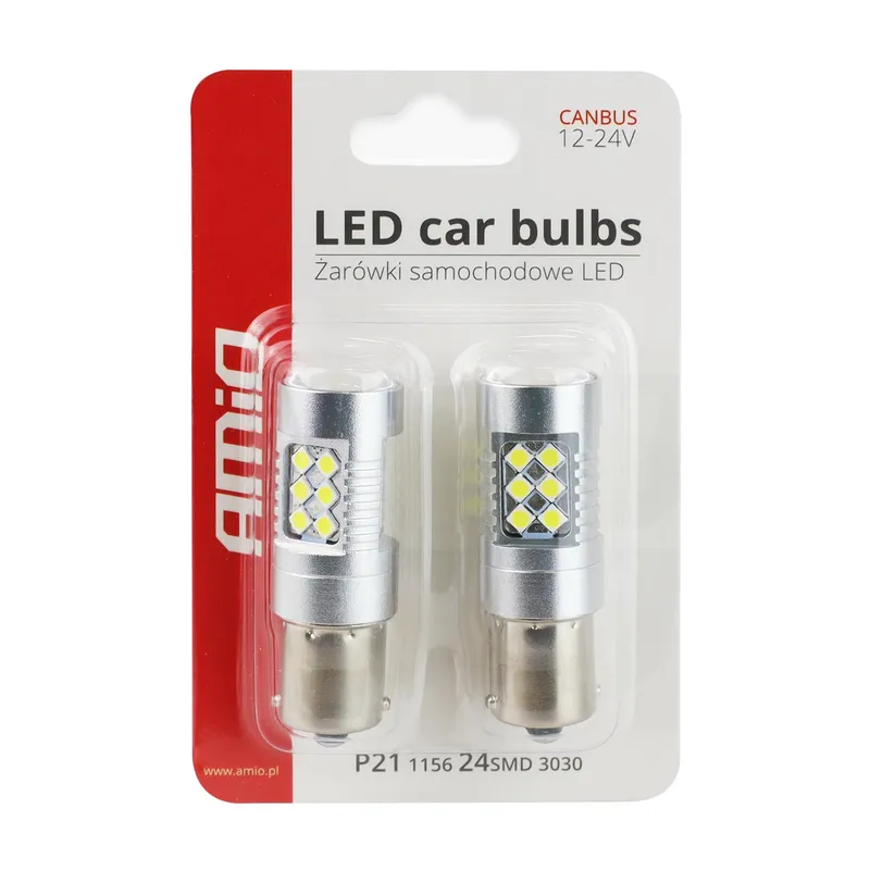 Комплект от 2 броя LED Диодни Крушки за Mигач Стоп Габарит Халоген CANBUS 3030 24SMD 1156 BA15S P21W 12V-24V Бяла Светлина в Блистер Amio - 2