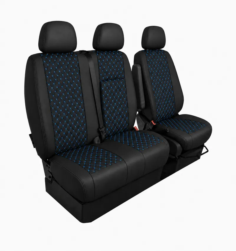 Комплект 2+1 Тапицерия за MERCEDES SPRINTER W906 2006-2018 – Еко кожа, Черна със син шев, 8 части - 2