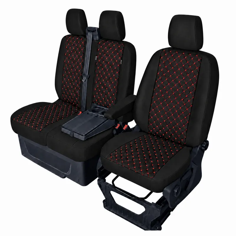Комплект 2+1 Тапицерия за FORD TRANSIT CUSTOM 2009+ – Еко кожа, Черна с червен шев, 8 части - 2